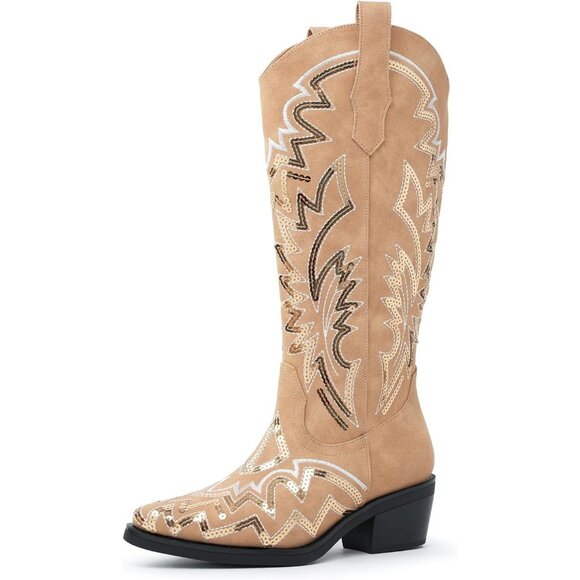 Women's Light Brown Classic Embroidered Sequin Mid Calf Western Chunky Boots - Picture 6 of 6